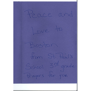 Card to Boston from St. Paul's Catholic School (Wierton, West Virginia)