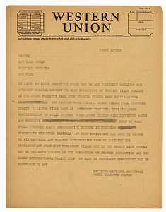 Telegram from Citizens National Committee for Sacco and Vanzetti to New York World editor, circa August 1927