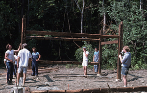 David Chapin Weeks (Class of 1976, far right) photographing the Moon Barn Raising at entrance to Hopkins Forest on 2 August 1975.