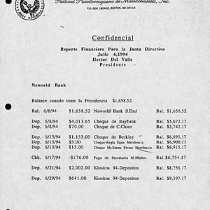 Confidencial, reporte financiero para la Junta Directiva, julio 6, 1994, Hector Del Valle, presidente