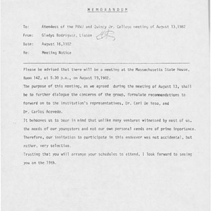 Memo from Gladys Rodriguez containing proposed agenda and notes for upcoming August 19, 1982 meeting of Universidad Mundial de Puerto Rico and Quincy Junior College at the Massachusetts State House