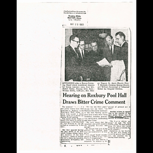 Photocopy of newspaper clipping Hearing on Roxbury pool hall draws bitter crime comment
