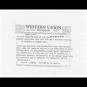 Telegram from S.W. Jiggets to Mrs. W. Wentworth Perkins about need for housing for Bertram M. Lee, Executive Director for Opportunities Industrialization Center