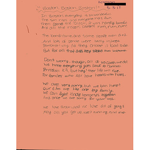 Poem sent to the city of Boston from a student in California