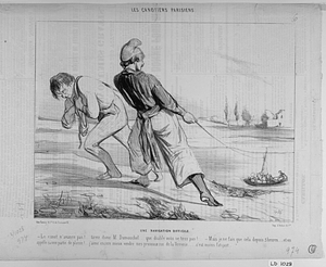 Une NAVIGATION DIFFICILE. - Le canot n'avance pas!... tirez donc M. Dumouchel... que diable vous ne tirez pas! - Mais je ne fais que cela depuis 3 heures... et on appelle ça une partie de plaisir! j'aime encore mieux vendre mes pruneaux rue de la verrerie... c'est moins fatiguant.