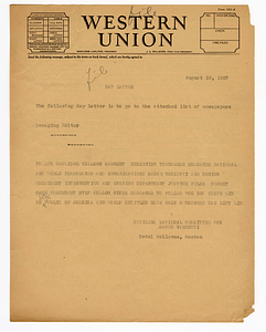 Draft telegram from Citizens National Committee for Sacco and Vanzetti to newspaper editors, August 19, 1927