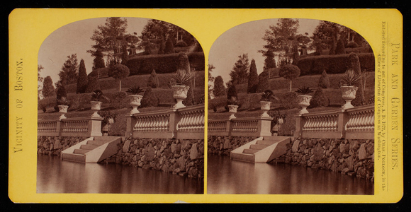 Stereograph, view of water stairs and terraced Italian garden, Hunnewell Estate, Wellesley, Mass.