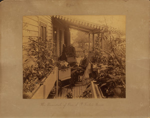 Portrait of Hattie P. Fowler, sitting on the verandah, facing front, Samuel P. Fowler House, Danversport, Mass., dated September 3, 1888