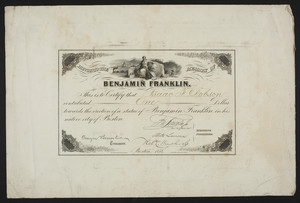 Honor to the Memory of Benjamin Franklin statue certificate