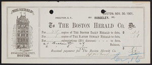 Receipt for The Boston herald, The Boston Herald Co., 255 Washington Street, Boston, Mass., November 30, 1901