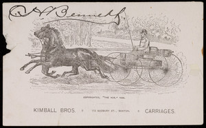 Trade card for Kimball Bros., carriages, 112 Sudbury Street, Boston, Mass., 1886