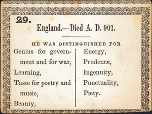 Front of the game card 29 from "Characteristics; An Original Game by a Lady"