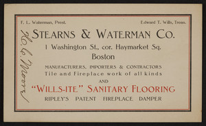 Trade card for Stearns & Waterman Co., tiles, 1 Washington Street, corner Haymarket Square, Boston, Mass., undated