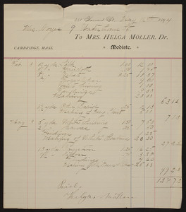 Billhead for Mrs. Helga Möller, Dr., modiste, 351 Harvard Street, Cambridge, Mass., dated May 16, 1894