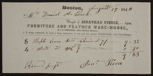 Billhead for Jonathan Pierce, agent, furniture and feather ware-house, No. 51 Cornhill Street, late Market Street, Boston, Mass., dated August 15, 1846