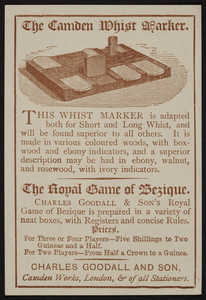 Trade card for The Camden Whist Marker, Charles Goodall and Son, Camden Works, London, United Kingdom, undated