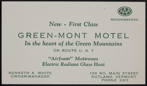 Trade card for the Green-Mont Motel, Route U.S.7, 138 No. Main Street, Rutland, Vermont, undated