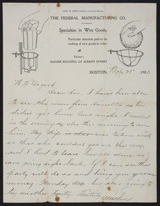 Letterhead for The Federal Manufacturing Company, specialties in wire goods, Badger Building, 537 Albany Street, Boston, Mass., dated March 28, 1903