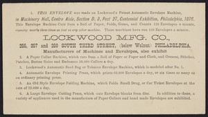 Envelope for the Lockwood Mfg. Co., manufacturers of machines and envelopes, 255, 257 and 259 South Third Street, Philadelphia, Pennsylvania, 1876