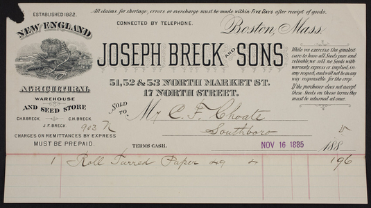 Billhead for Joseph Breck and Sons, 51, 52 & 53 North Market St., 17 North Street, Boston, Mass., dated November 16, 1885