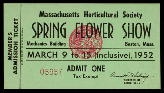 Trade card, spring flower show, March 9 to 15, 1952 inclusive, Massachusetts Horticultural Society, Mechanics Bldg., Boston, Mass.