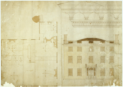 Detail drawing, front elevation, and floor plan, James A. Rundlet House, Portsmouth, N.H., ca. 1806