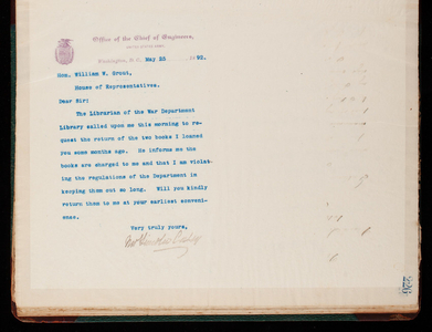 Thomas Lincoln Casey Letterbook (1888-1895), Thomas Lincoln Casey to Hon. William W. Grout, May 25, 1892