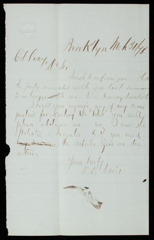 W. B. Davis to Thomas Lincoln Casey, March 31, 1873