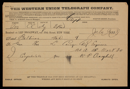 [William] P. Craighill to Thomas Lincoln Casey, July 9, 1888, telegram