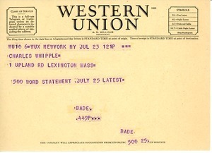 Telegram from Wilbur E. Bade to Charles L. Whipple