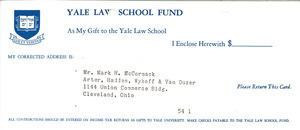 Yale Law School fund reply card and envelope