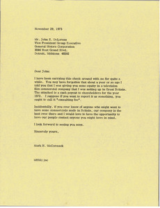 Letter from Mark H. McCormack to John Z. De Lorean