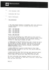 Memorandum from Mark H. McCormack to Wimbledon National Broadcasting Company File