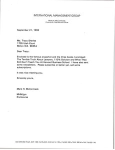 Letter from Mark H. McCormack to Tracy Sheries