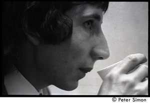Pete Townshend: close-up portrait drinking from a styrofoam cup