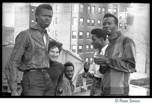 Chambers Brothers on a city rooftop: (from left) George Chambers, Brian Keenan, Joe Chambers, Willie Chambers, and Lester Chambers