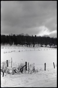 Cloudy skies and snowy fields, Montague Farm commune