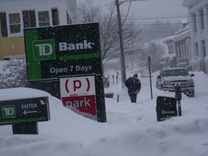 TD Bank sign in heavy snow, Center Street, Northampton, Mass.