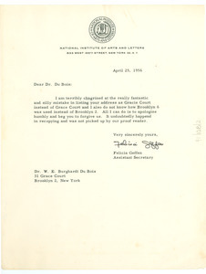 Letter from National Institute of Arts and Letters to W. E. B. Du Bois