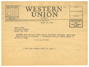 Telegram from W. E. B. Du Bois to David Tyson