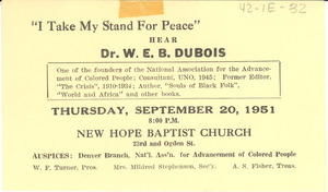 'I Take My Stand for Peace' lecture postcard