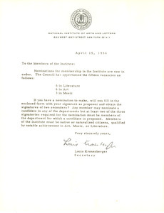 Circular letter from National Institute of Arts and Letters to W. E. B. Du Bois
