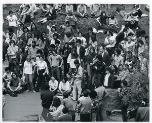 Board of Trustees fee increase demonstration: Economics professor Samuel Bowles, just out of left frame, speaking to protestors