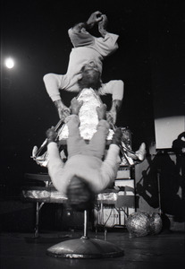 Chimpanzee vaudeville act opening for the Grateful Dead at Sargent Gym, Boston University: two chimpanzees balancing upside-down