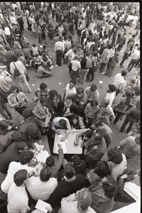 Antiwar demonstration at Fort Dix, N.J.: birds-eye view of protesters, organizing at tables