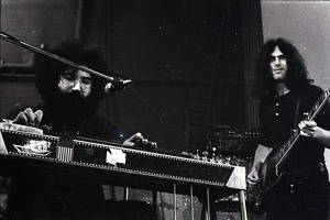 New Riders of the Purple Sage opening for the Grateful Dead at Sargent Gym, Boston University: Jerry Garcia on pedal steel guitar with Dave Torbert on bass