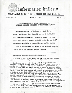 Office of Civil Defense information bulletin featuring address by Assistant Secretary of Defense for Civil Defense Steuart L. Pittman