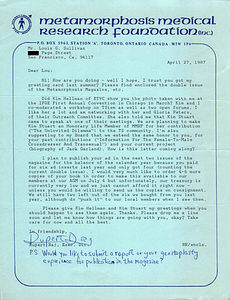 Correspondence from Rupert Raj to Lou Sullivan (April, 1987)