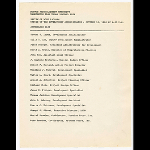Attendance list for Boston Redevelopment Authority (BRA) meeting about the Washington Park urban renewal area held October 10, 1962