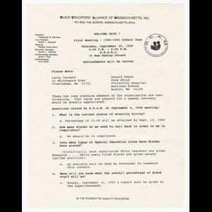 Document from first Black Educators' Alliance of Massachusetts (BEAM) meeting of 1990-1991 school year on September 20, 1990